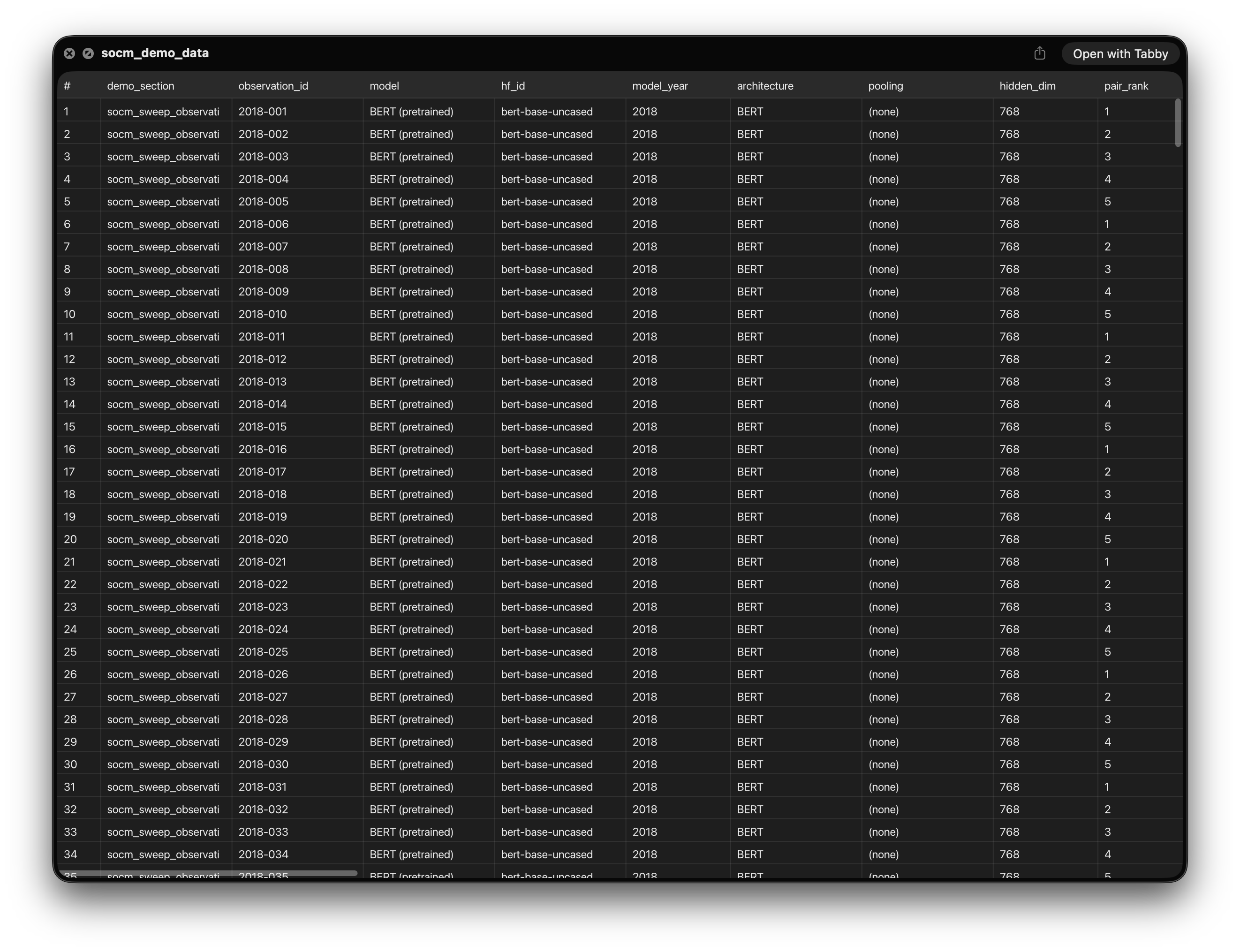Magellan previewing a Parquet file in dark mode